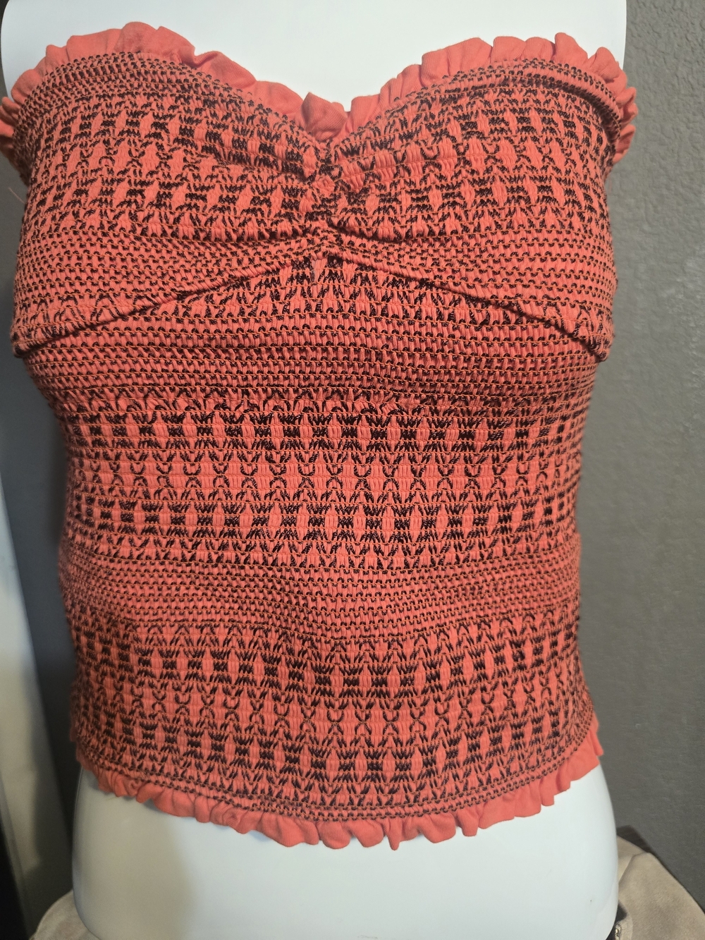 Anthropologie Coral Smocked Strapless Crop Top with Black Stitching